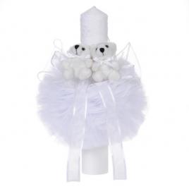 Lumanare botez 2 ursuleti, decor alb diafan, denikos® 47