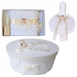 Set trusou botez, cutie trusou si lumanare, ingeras, dantela ivoire, denikos®