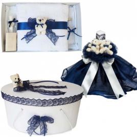 Set ursuleti trusou botez, cutie trusou si lumanare, decor bleumarin, denikos®