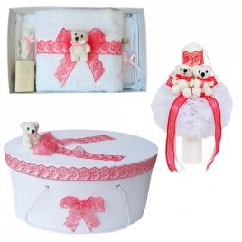 Set trusou botez, cutie trusou si lumanare, dantela si ursuleti, decor corai,