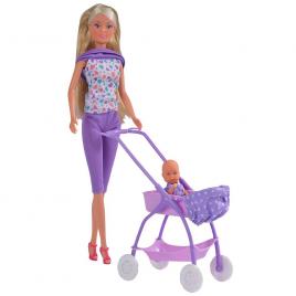 Papusa simba steffi love baby walk 29 cm mov cu carucior si accesorii