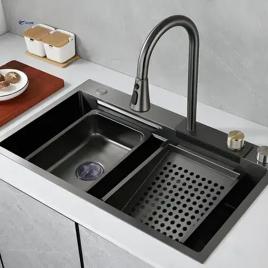 Set chiuveta bucatarie inox cu baterie dubla, cuva perforare legume/fructe, cuva universala cu dop scurgere, tocator, negru grafit, 75x45x21cm