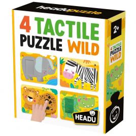 Set 4 puzzleuri tactile cu piese mari headu, animale din salbaticie, pentru copiii de peste 2 ani