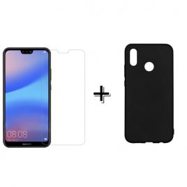 Pachet Folie Sticla + Husa silicon Neagra Huawei Y6 2018