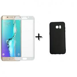 Pachet Folie Sticla 3D Alb + Husa silicon Neagra Samsung Galaxy S6 Edge