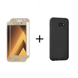 Pachet Folie Sticla 3D Aurie + Husa silicon Neagra Samsung Galaxy A8 Plus 2018