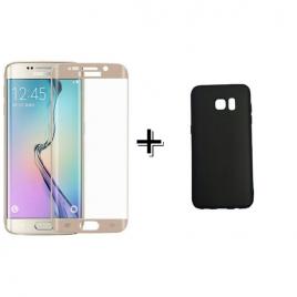 Pachet Folie Sticla 3D Gold + Husa silicon Neagra Samsung Galaxy S7 Edge