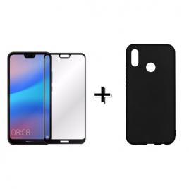 Pachet Folie Sticla 3D Negru + Husa silicon Neagra Huawei P20 PRO