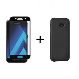 Pachet Folie Sticla 3D Negru + Husa silicon Neagra Samsung Galaxy A3 2017