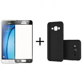Pachet Folie Sticla 3D Negru + Husa silicon Neagra Samsung Galaxy J3 2016