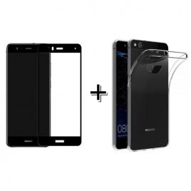 Pachet Folie Sticla 3D Negru + Husa silicon transparenta Huawei P10 LITE