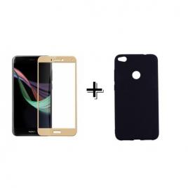 Pachet Folie Sticla Full Glue Aurie + Husa silicon Neagra Huawei P9 LITE MINI