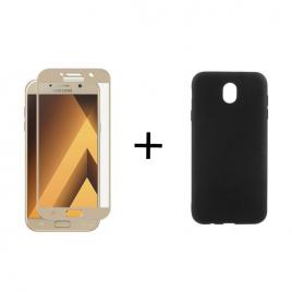 Pachet Folie Sticla Full Glue Aurie + Husa silicon Neagra Samsung Galaxy J7 2017