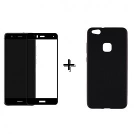 Pachet Folie Sticla Full Glue Negru + Husa silicon Neagra Huawei P10 LITE