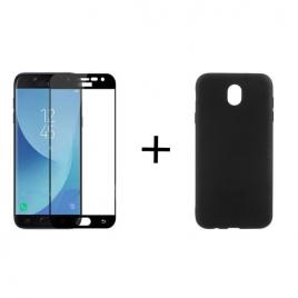 Pachet Folie Sticla Full Glue Negru + Husa silicon Neagra Samsung Galaxy J3 2017