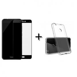 Pachet Folie Sticla Full Glue Negru + Husa silicon transparenta Huawei P8/P9 LITE 2017