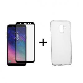 Pachet Folie Sticla Full Glue Negru + Husa silicon transparenta Samsung Galaxy A8 Plus 2018