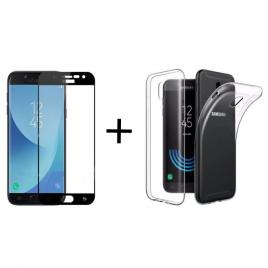 Pachet Folie Sticla Full Glue Negru + Husa silicon transparenta Samsung Galaxy J3 2017