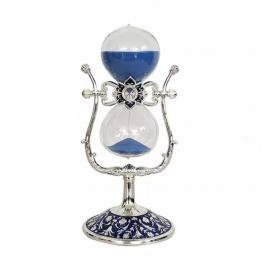Clepsidra suport rotund metal argintiu si ablastru sticla cu nisip albastru 23 x 10 cm