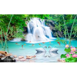 Fototapet autocolant PVC Lebede si cascada, 160x240 cm