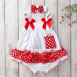 Costumas pentru fetite alb cu volanase rosii (marime disponibila: 6-9 luni
