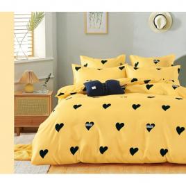 Set lenjerie de pat din bumbac finet, 6 piese, galben cu inimi negre