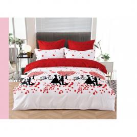 Set lenjerie de pat din bumbac finet, 6 piese, model romantic, alb-rosu