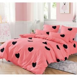 Set lenjerie de pat din bumbac finet, 6 piese, roz cu inimi negre