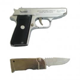 Bricheta anti vant tip pistol,din metal, cu briceag incorporat in incarcator, teaca cu prindere la curea, argintiu