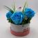 Aranjament floral, cutie trandafiri,  4 trandafiri albastri din sapun si unul alb