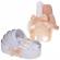 Lumanare botez cu iepuras pufos si trusou botez in landou, decor dantela crem,