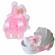 Lumanare botez glob iepuras pufos si trusou botez in landou, decor roz cu