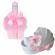 Lumanare botez personalizata si trusou botez in landou, decor roz cu floricele,