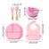 Set hranire bebe din silicon, 1 baveta, 1 farfurie compartimentata, 1 bol cu ventuza, lingurita si furculita, cana gustari, cu maner din bambus, anti-alunecare, din bpa free, roz